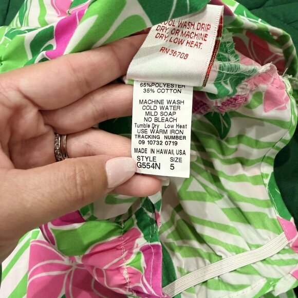 Strawberry Guava Hawaii Girls 5 Green Pink Plumeria Dress - Picture 4 of 4